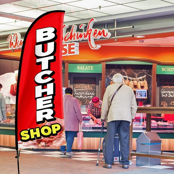 QSUM Butchershop Themed Swooper Flag, 7FT Butchershop Advertising Feather Flag with Pole Kit, Ground Spike, Butchershop Signs for Businesses and Storefronts