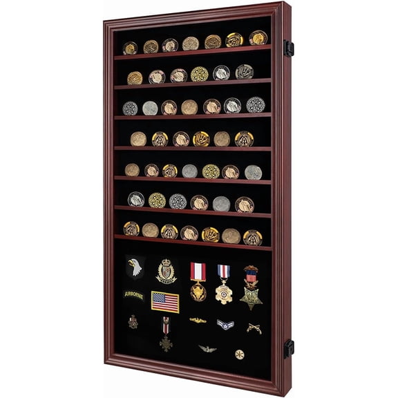 Medals Display Case - Military Challenge Coin Display Shadow Box - Mahogany