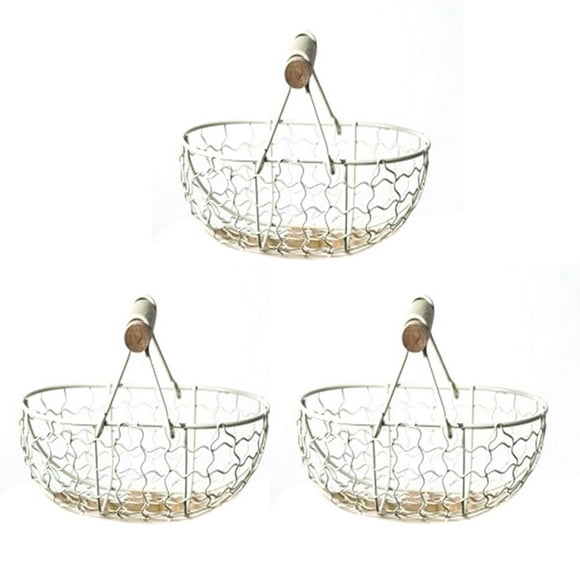 AMERTEER 3X Wooden Handle Metal Retro Basket Portable Multi-Function Vegetable Fruit Egg Groceries Practical Storage Basket White