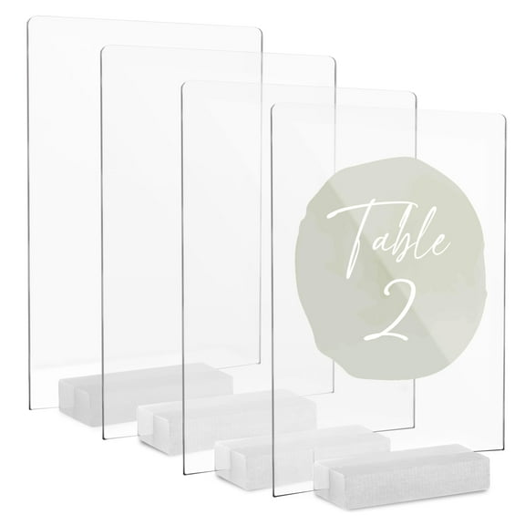 Ilyapa Acrylic Sign Holders with White Wood Stands, 4 Pack - 8x10 Inch Blank Table Numbers Set for Wedding Reception or Any Event