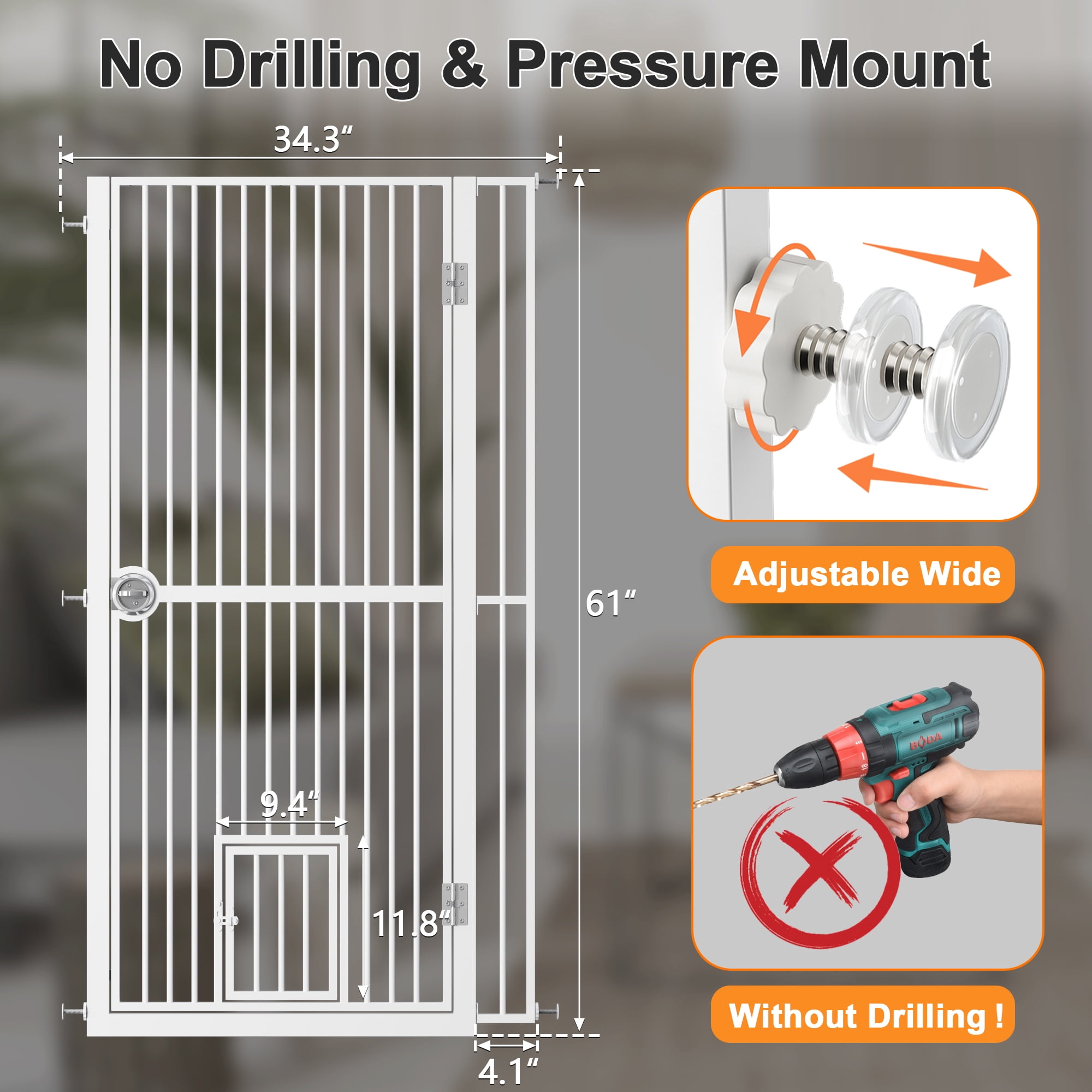 61" Extra Tall Cat Gate for Doorway , Adjustable Wide 34.3"-36.7" and included 4.13" extension kits, Suitable for Doorways or Kitchen, No Drilling Pressure Mount Kit, White