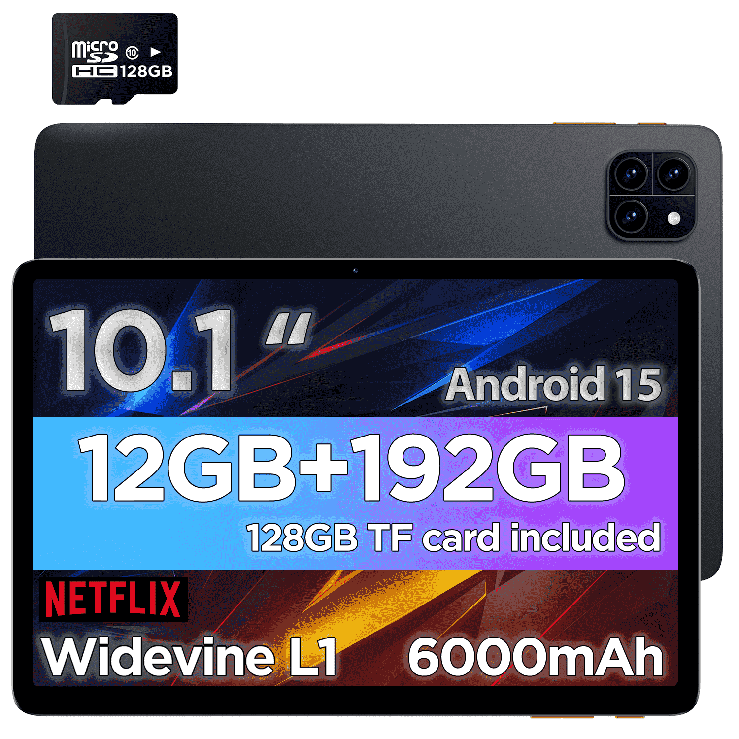 Callsky Tablet 10.1" Octa-core Processor Android 15 Tablet with 12GB RAM 192GB ROM (Expand to 2TB) 1280x800 IPS HD Display 6000mAh WiFi 6/BT 5.4 Black