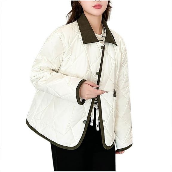 Ahdbta Women's Quilted Jackets Button Down Collared Long Sleeve Winter Coats Color Block Warm Padded Puffer Jackets with Pockets