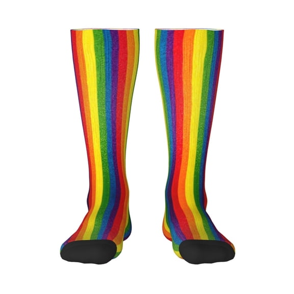 Rainbow Stripe Print Knee High Socks for Women Long Leg Warmers Socks