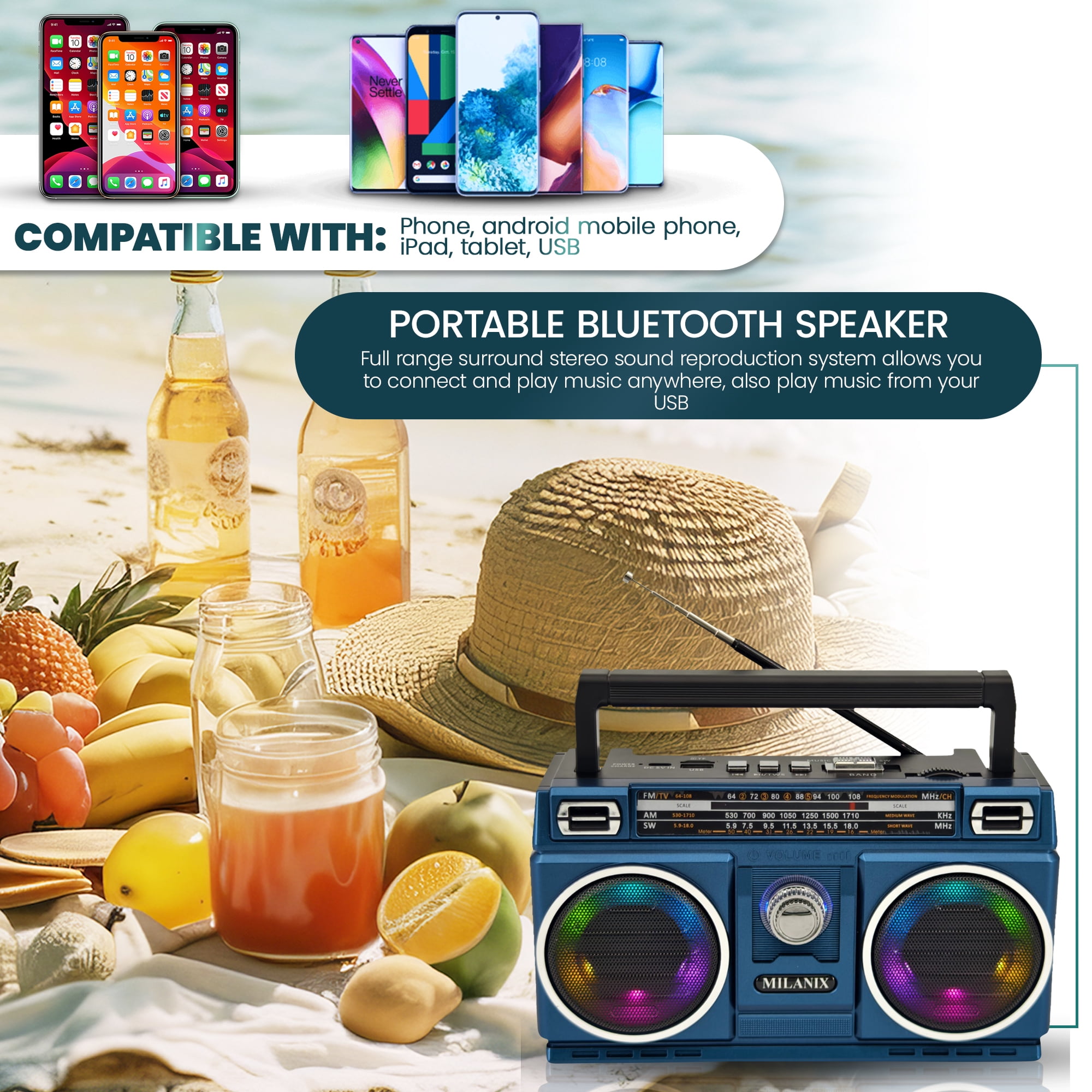 Small AM/FM Radio Portable Rechargeable Battery Operated with Bluetooth, USB, Best Reception, Longest Range, Tuning, Lights, Transistor, Indoor and Outdoor, Emergency Use (Midnight)