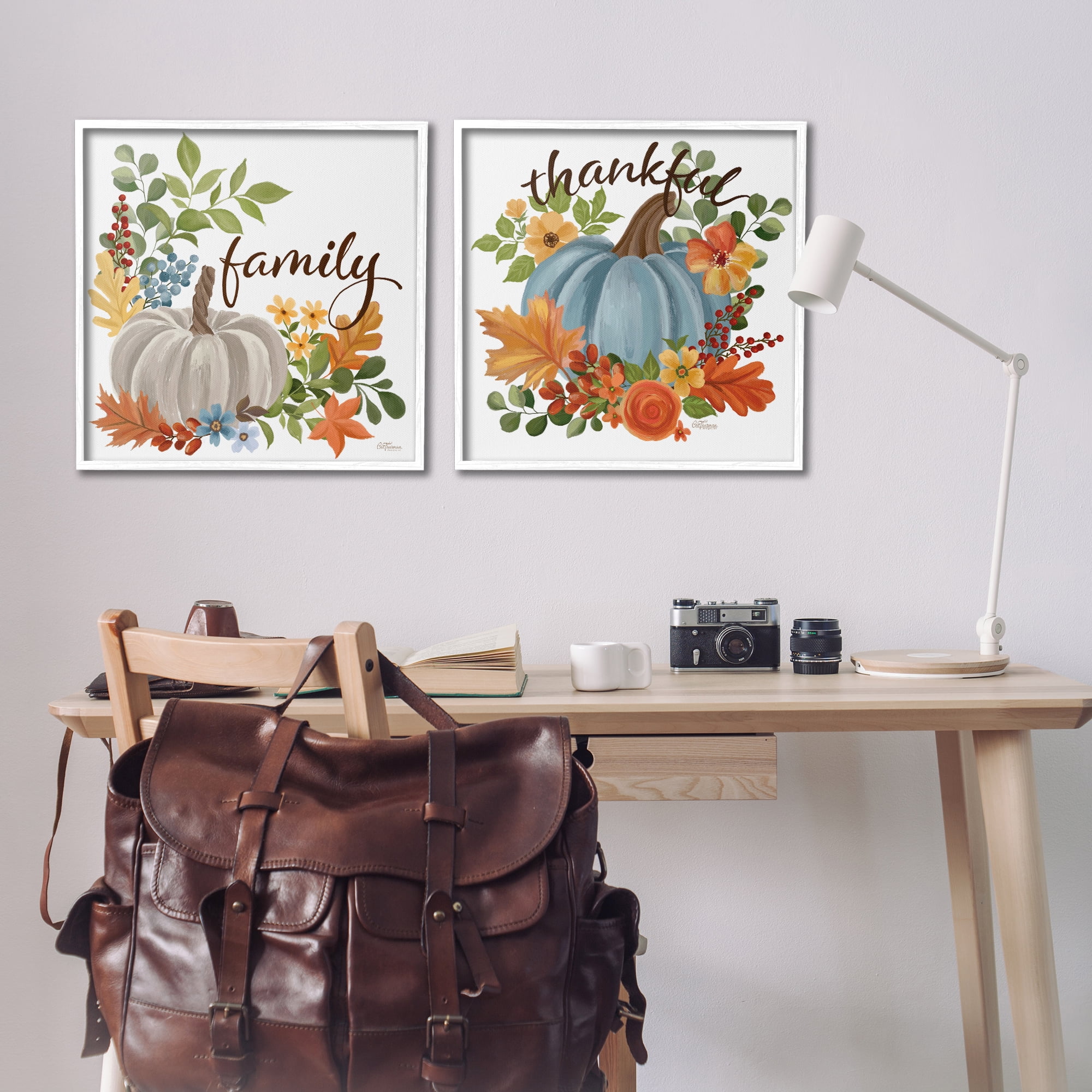 Stupell Industries Family Thankful Fall Pumkin Botanical & Floral Painting White Framed Art Prints Wall Art, 24 x 24, Set of 2