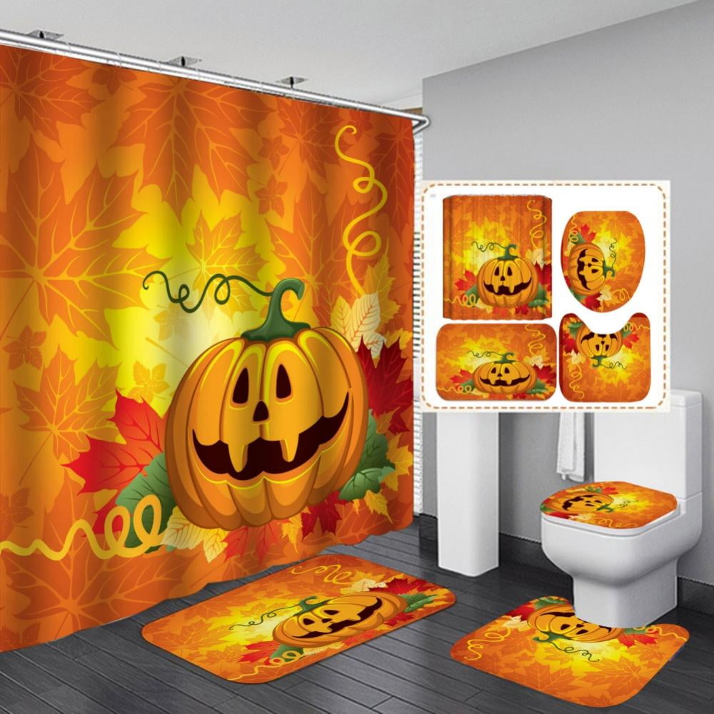72X72" Happy Halloween Red Shower Curtain Grave Pumpkin and Witch Bath Mat Rug 