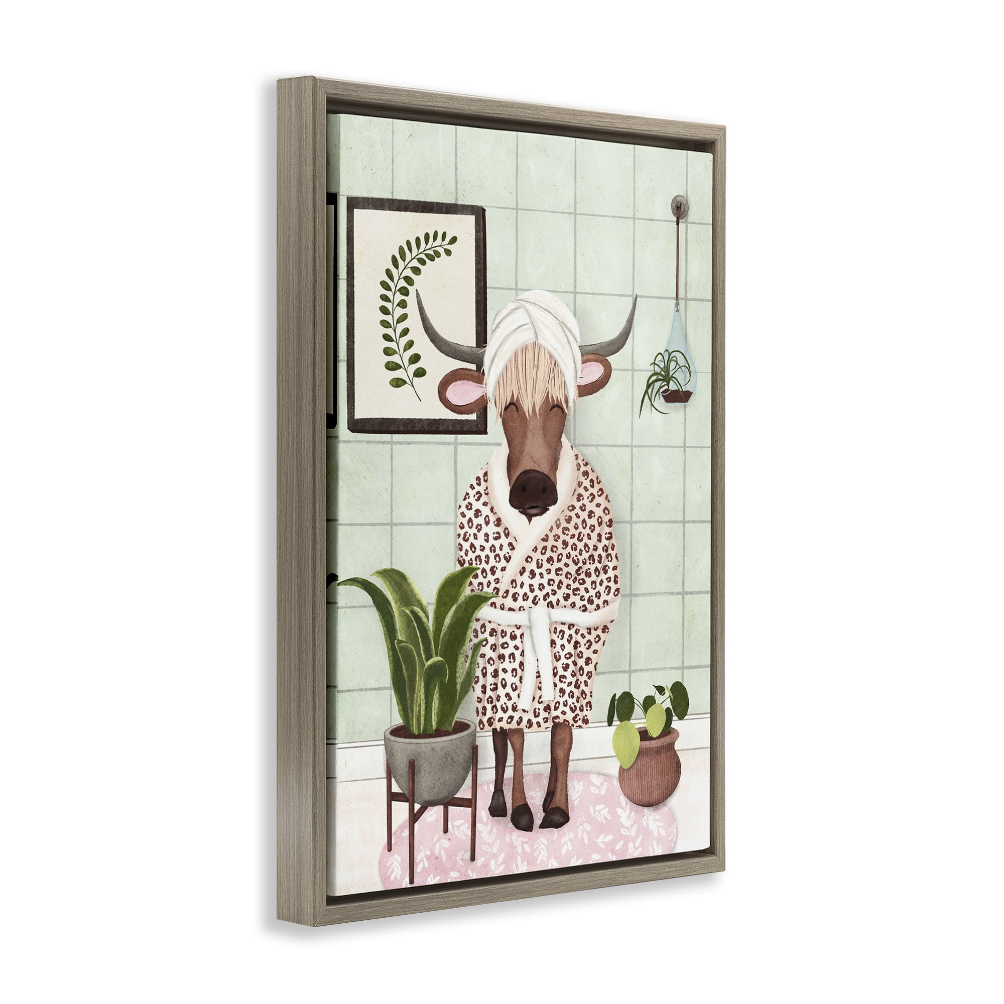 Stupell Industries Cow in Bathrobe Typography Painting Brown Floater Framed Canvas Art Print Wall Art, 17 x 25