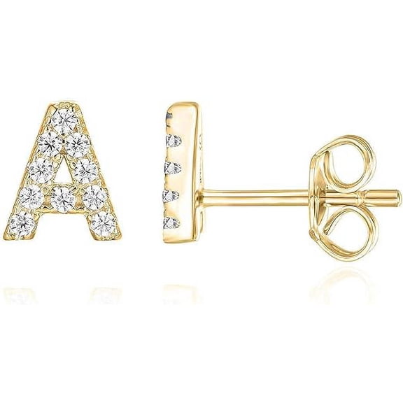 PAVOI 14K Yellow Gold Plated Sterling Silver CZ Alphabet Letter Earrings | Initial Earrings for Women| Letter A