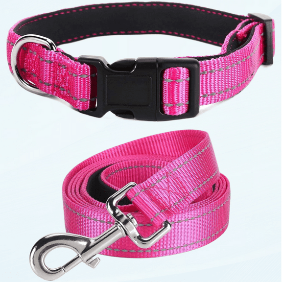 Soft Neoprene Padded Dog Collar and Leash Set for Small Medium Large Dogs, Reflective Durable Nylon Dog Collar with 5ft Leash Easy for Walking, Hot Pink,Neck fit 12.5-19.5‘‘