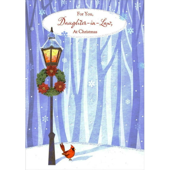 Designer Greetings Lamppost, Wreath, Cardinal and Falling Snowflakes on Light Blue Daughter-in-Law Christmas Card