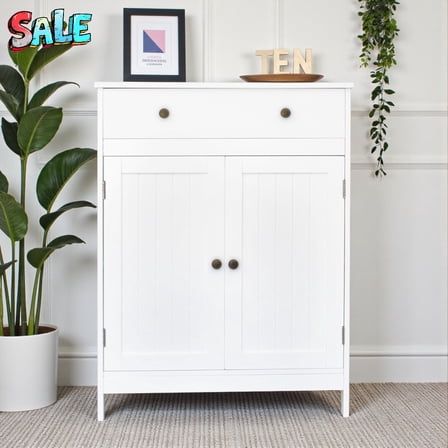 Tcbosik White 2-Door Storage Cabinet with One Drawer, Bathroom Kitchen Entryway Cabinet with Adjustable Shelf & Bronze Handle, Water-Resistant MDF Organizer, 23.63"L x 11.82"W x 31.5"H