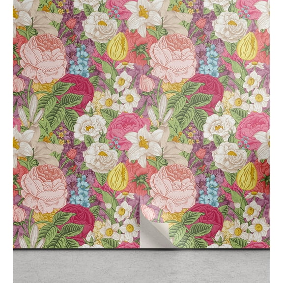 Ambesonne Vintage Peel & Stick Wallpaper for Home, Roses Tulips Delphinium Art, 13"x36", Pale Ruby Earth Yellow