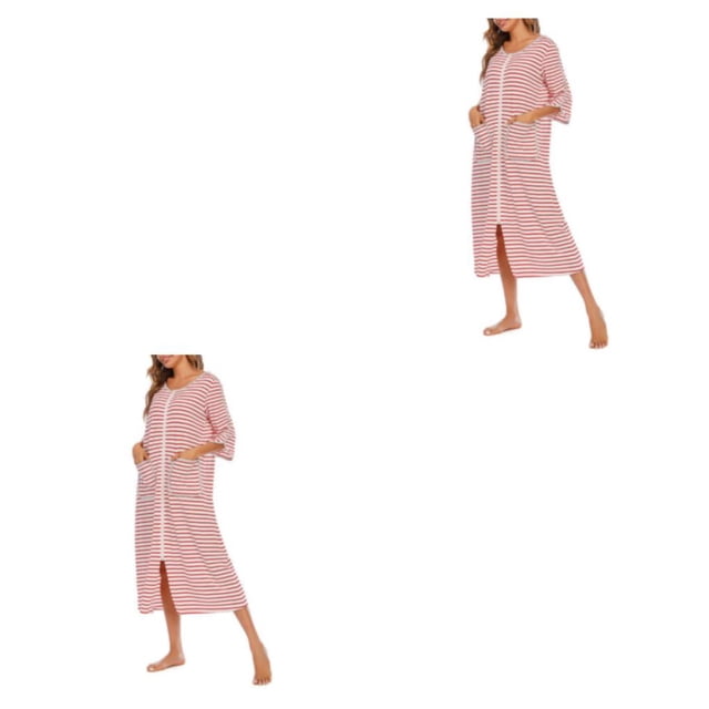 yingyy 1/2/3 Polyester Robe de Nuit Femme Décontractée Col Rond Manches Longues Double Poche Respirante Robe de Maison Vêtement de Nuit Rouge G 2 Pcs