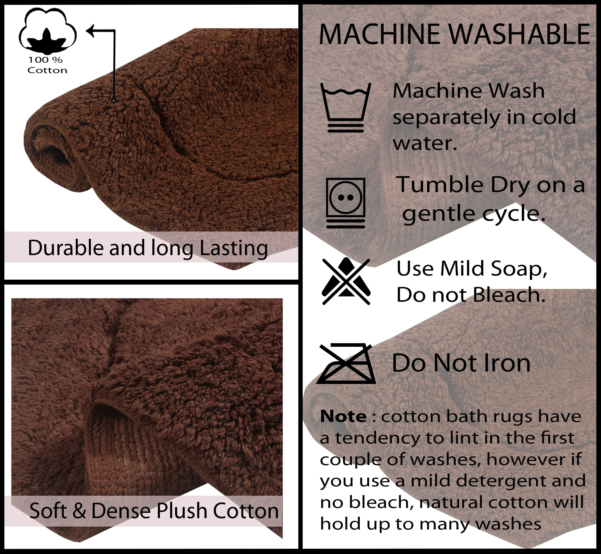 Home Weavers Waterford Collection 100% Cotton Non-Slip Bathroom Rug Set Machine Washable Bathroom Rug-17"x24", Bath Rug- 21"x34", U Shaped Contour- 20"x20", Chocolate Color 3 Piece Bath Rug set