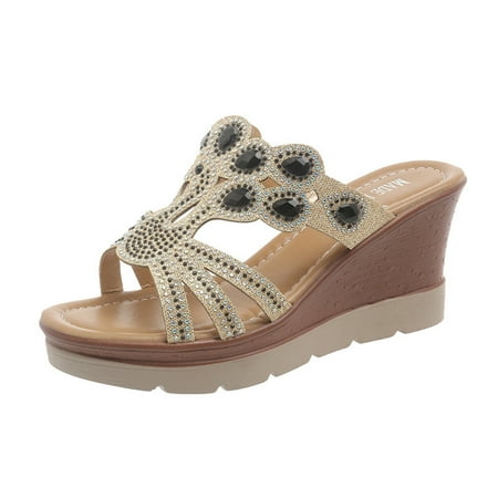

KIJBLAE Women Summer Sandals Wedges Bling Rhinestone Beaded Open Toe Comfort Platform Shoes Ladies Beach Slip-On Sandals Black 36