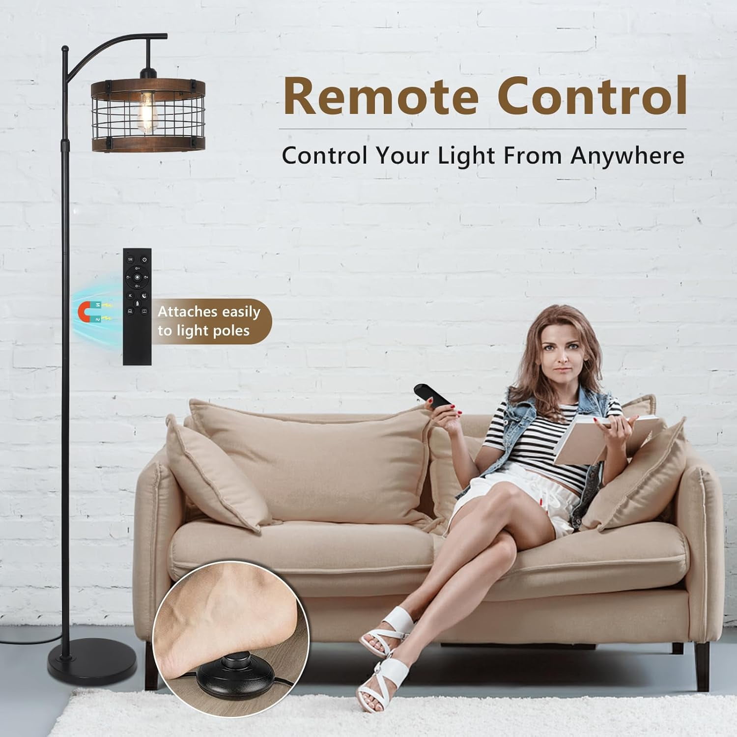 Newest 73” Rustic Farmhouse Arc Floor Lamp with Remote, 3-Color Dimmable LED & Wood/Metal Shade for Living Room