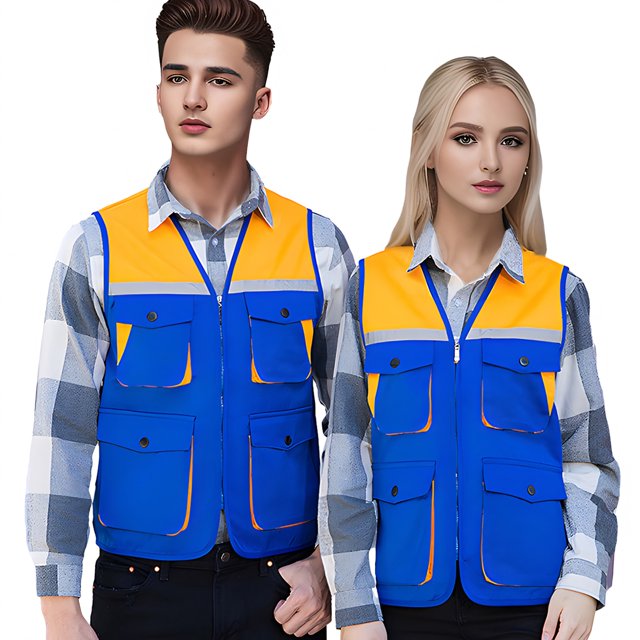 TOPTIE Reflective Working Vest with 4 Pockets Color Block Zipper Front High Visibility with Reflective Strips-Royal Blue-M
