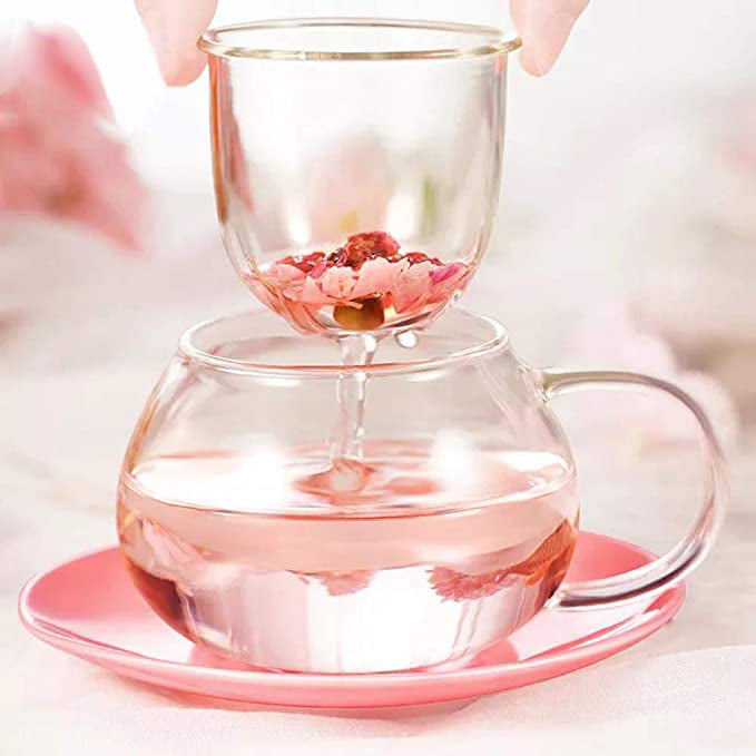 Tea Mugs Mushroom Glass Coffee Cup with Strainer Filter Infuser for Loose Leaf Tea Heat Resistant Yellow Pink, 290ML 9.6oz 