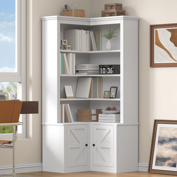 Meteorleg 70.9" Corner Bookshelf with Door, 6 Tiers Large Bookshelves with Storage Rack, Tall Bookcase for Living Room Home Office, White