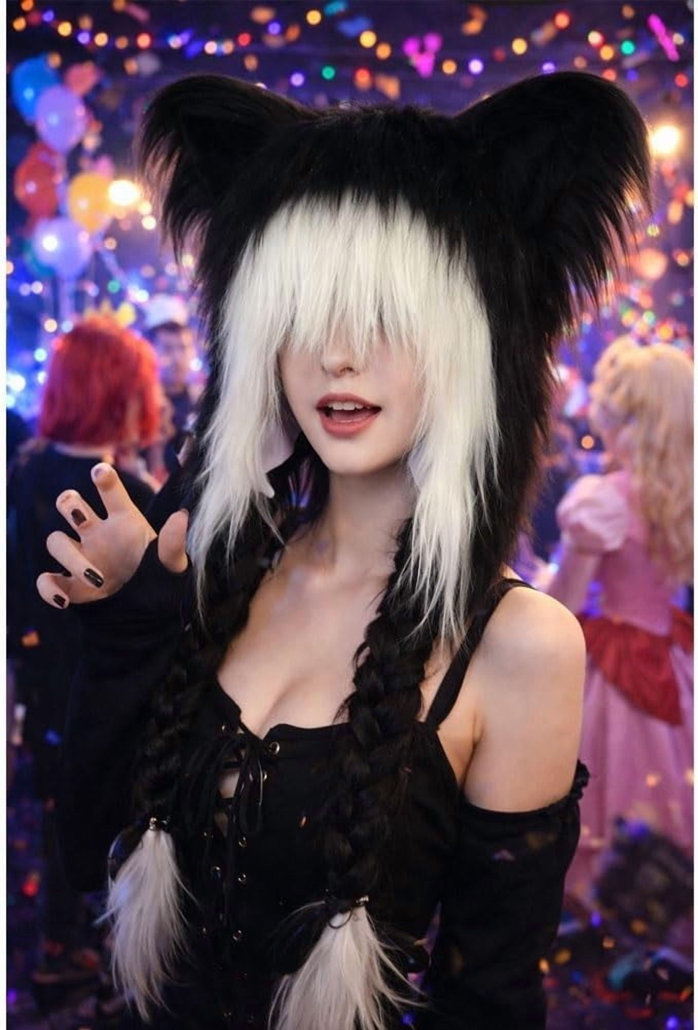 Soft Furry Animal Ear Hat with Braids,Furry Head Mask,Cute Animal Horns Ears Winter Hat,Hooded Red Black Fur Winter Warm Earmuffs Cat Shiesty,Cosplay Accessories,Great for Cosplay and (1,pcs,L)