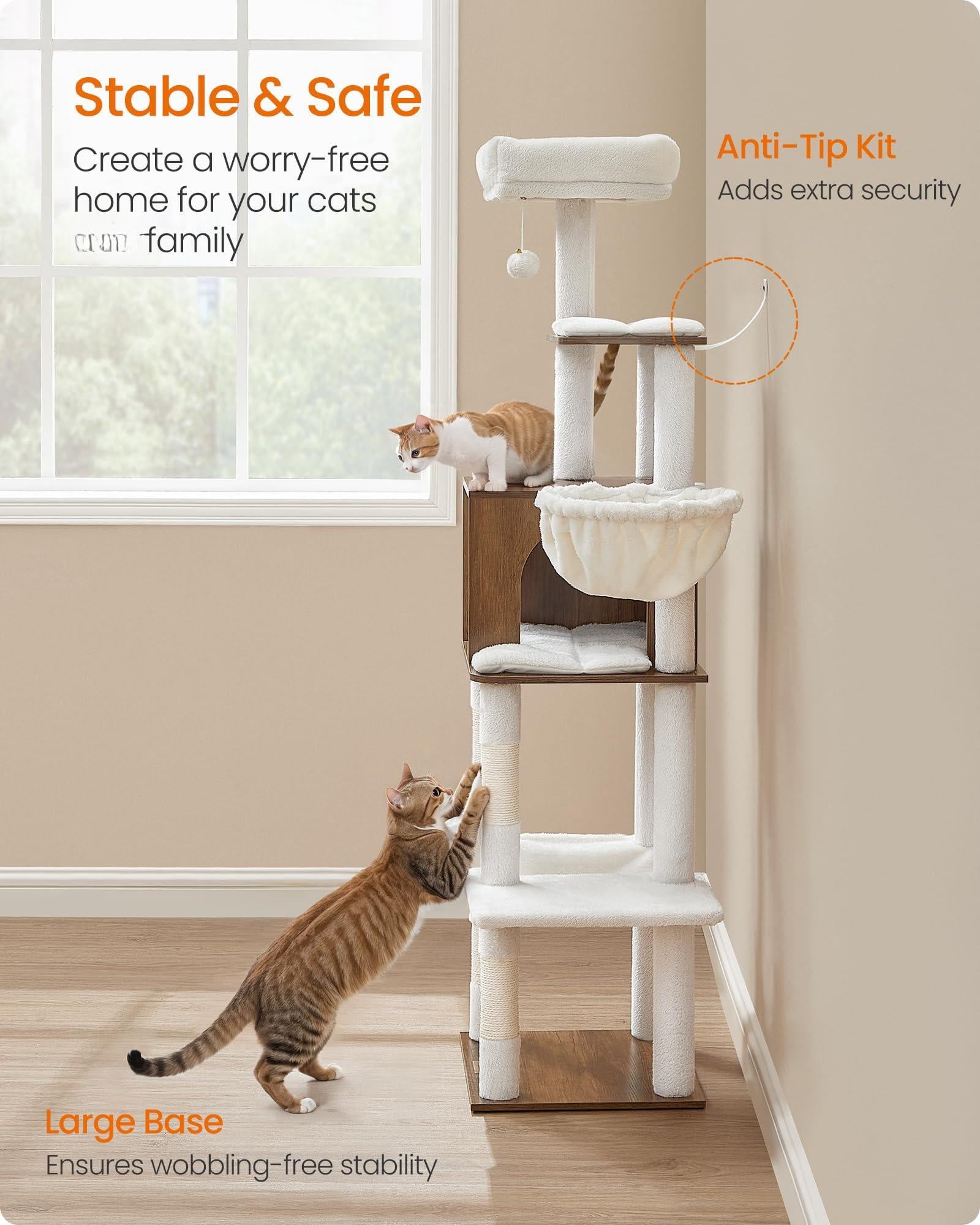 Cat Tree  65-inch Tall Tower Multi-level Condo With Cave Basket Hammock Pompom Posts Honey Brown Upct118k03