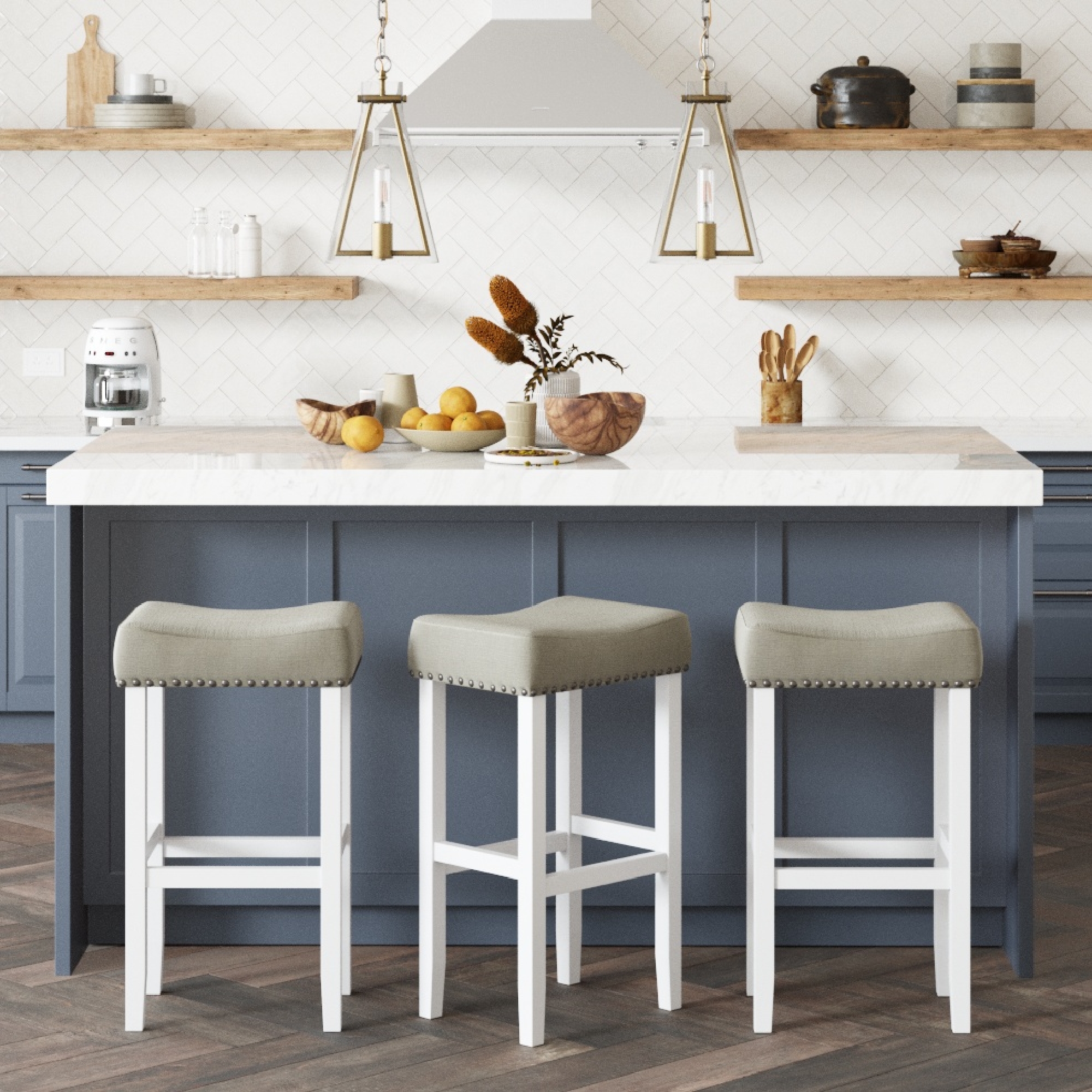 Nathan James Hylie Nailhead Wood Pub-Height Counter Bar Stool 29" Gray Fabric Cushion White Finish