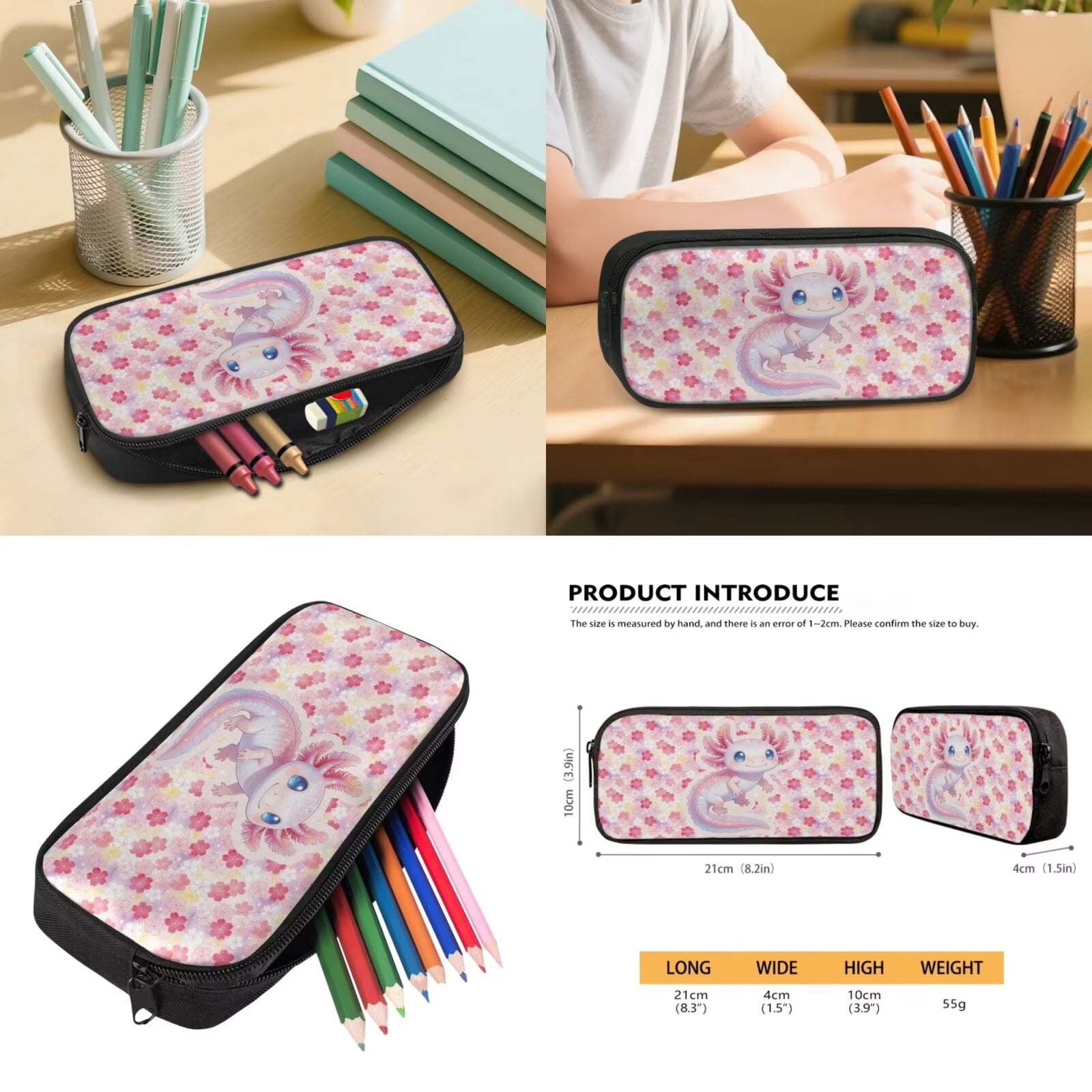 Pzuqiu Cherry Axolotl Back Pack for School Girls 5 pcs Kids Backpacks for Girls Lunch Bag with Water Bottle Holder Pencil Bag Cute Travel Rucksack Camping School Bag