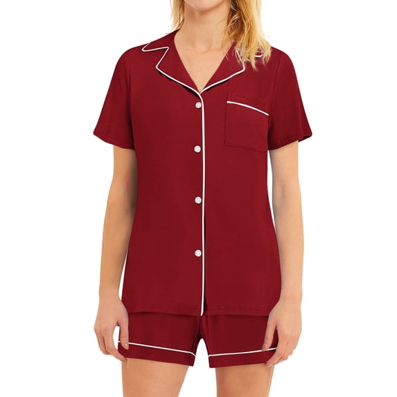 GESJQFZ Women Lapel V Neck Buttons Solid Color Pocket Pajama Shorts Nightwear Set