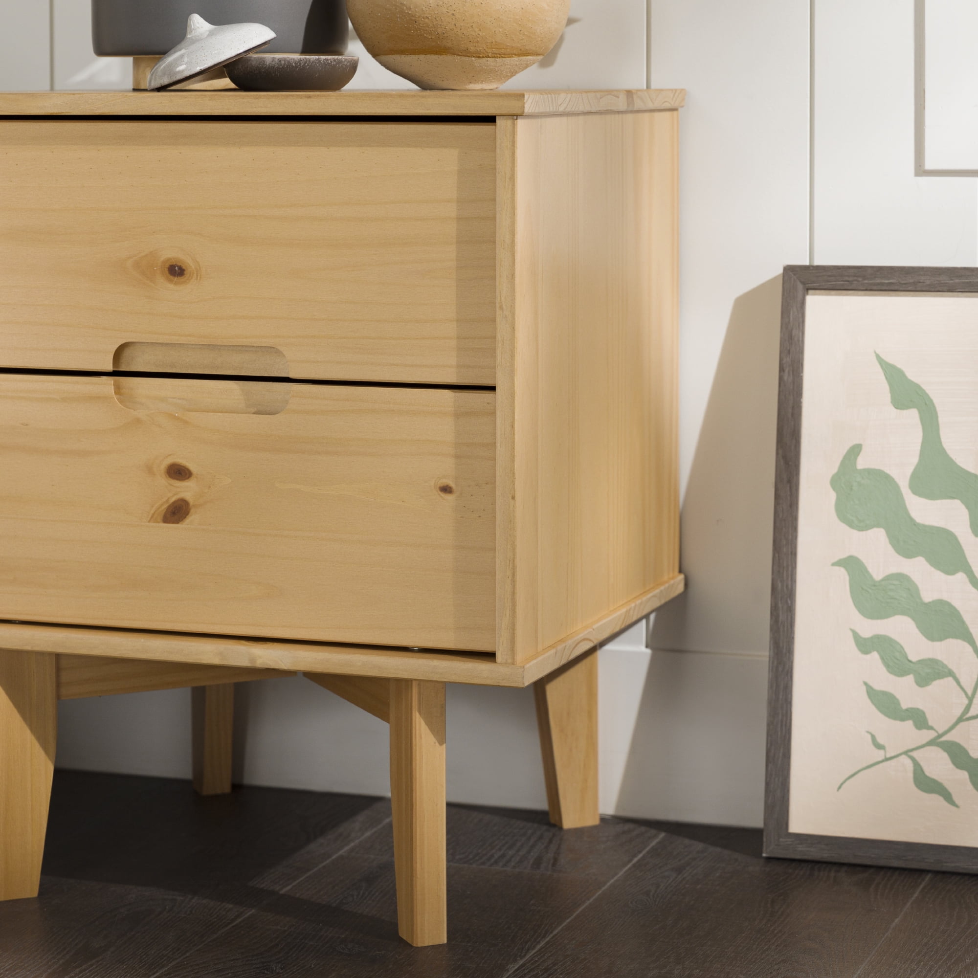 Walker Edison 22” Mid-Century Modern Groove Handle Solid Wood Nightstand, Natural Pine