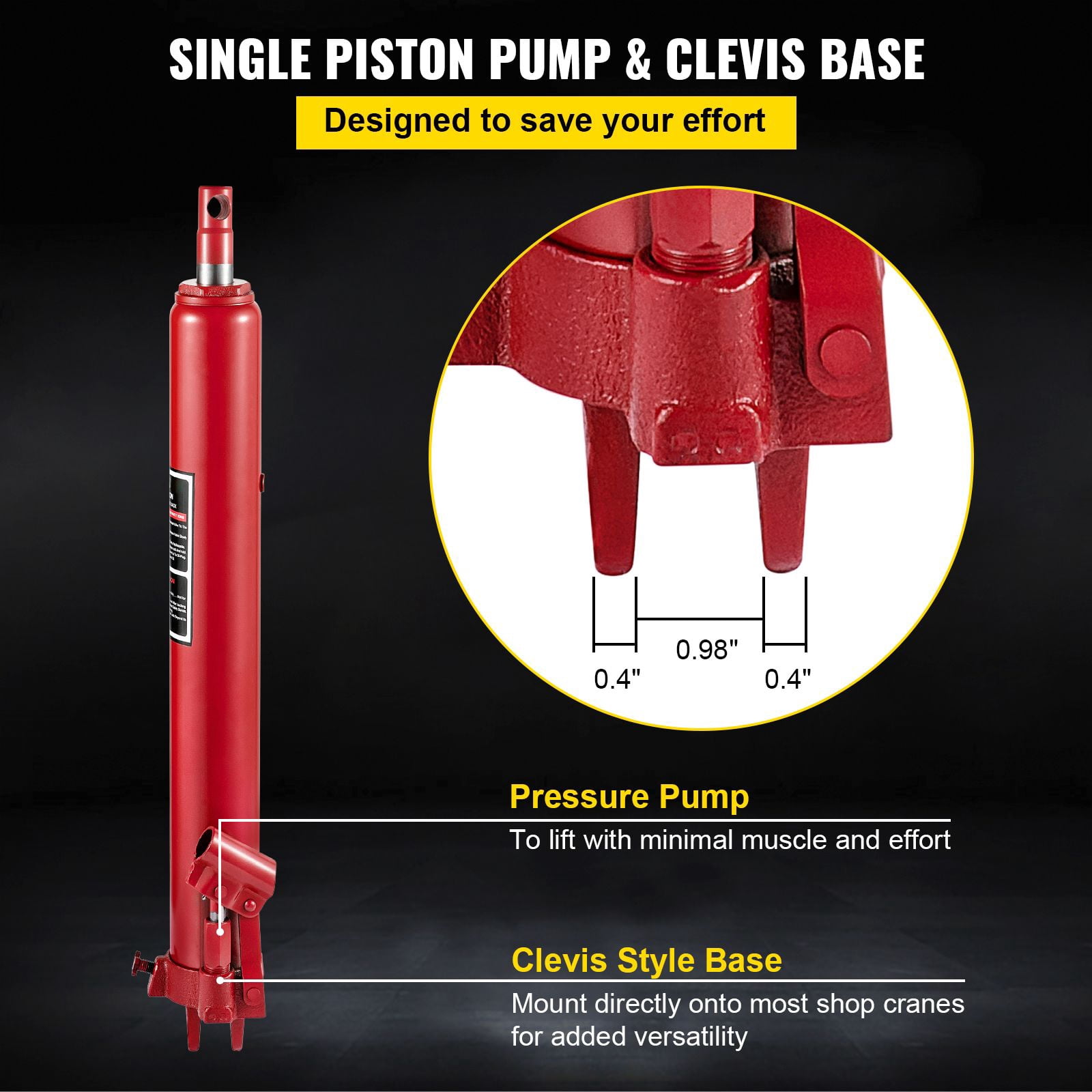 Hydraulic Long Ram Jack, 3 Tons/6600 lbs Capacity, with Single Piston Pump and Clevis Base, Manual Cherry Picker with Handle, for Garage/Shop Cranes, Engine Lift Hoist, Red (Only Jack)