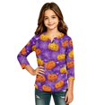 thumbnail image 3 of Girls Halloween Shirt Pumpkin Bat Print 3/4 Sleeve T Shirt Cute Graphic Tee Spooky Season Fall Halloween Outfit Kids Casual Top,12-13 Years,Dark Purple, 3 of 6