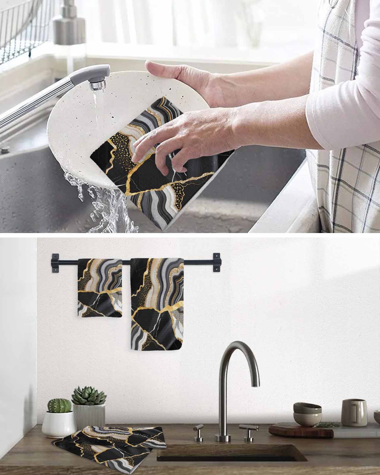 Black Marble Kitchen Dish Towels for Drying Dishes Set of 4, Grey Gold Texture Vintage Farmhouse Art Waffle Weave Microfiber Hand Tea Bathroom Towels Quick Dry & Absorbent Towel 15.7x23.6
