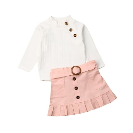 

Toddler Baby Girl Fall Winter Outfit Long Sleeve Knitted Shirt Sweater Top Button Skirt 2PCS Clothes Set