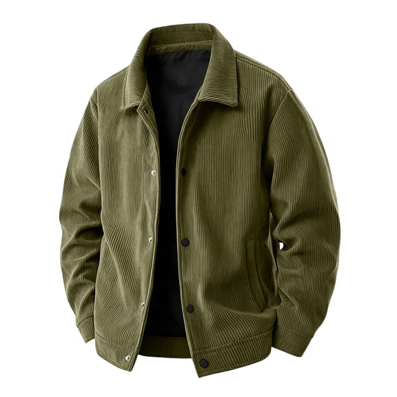 Delconic Mens Autumn Casual Jacket Loose Fit Turn Down Collar Long Sleeve Corduroy Outerwear Button Front Lightweight Coat Army Green L