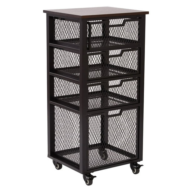 Garret Black 4Drawer Rolling Cart with Espresso Wood Top, Fully