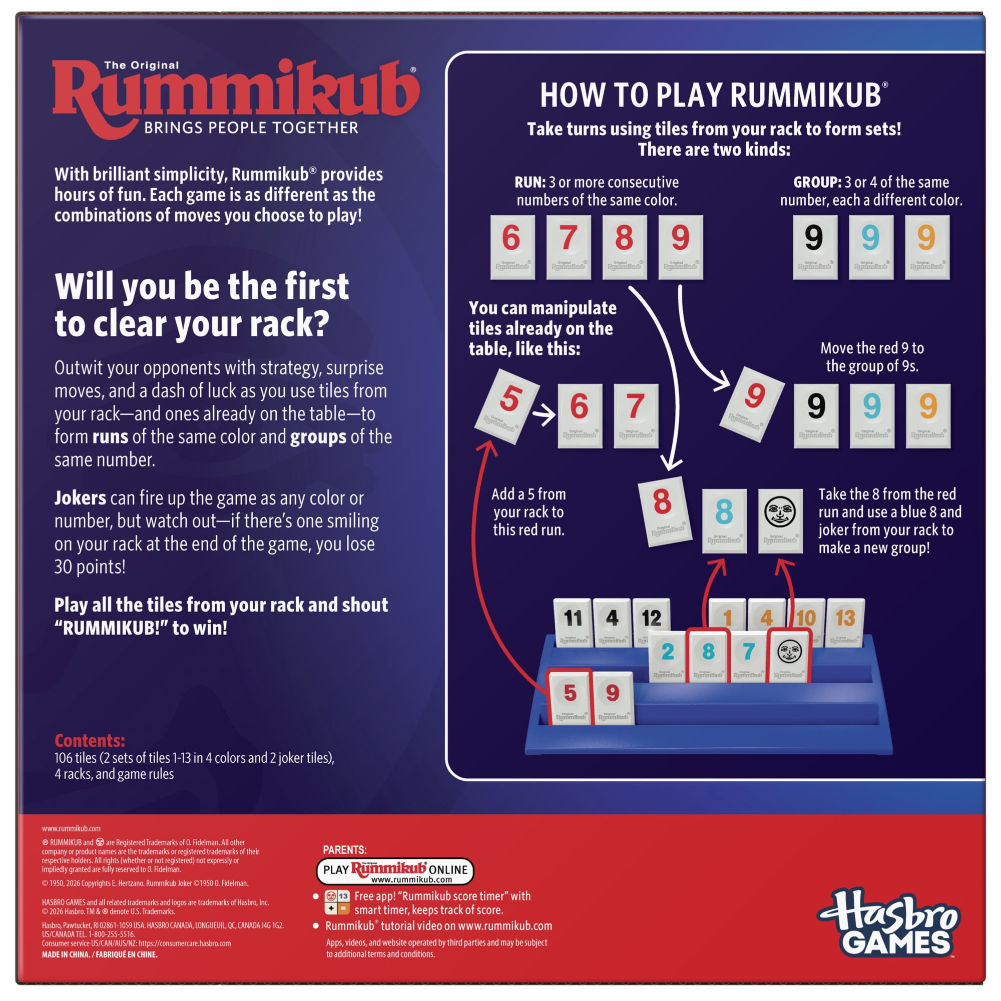 The Original Rummikub Official Rummy Cube Tile Game, 106 Pieces, Family Games, Ages 7+
