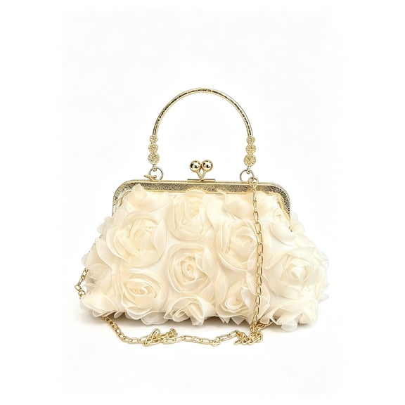 Women's White Floral Evening Clutch Bag, 3D Rose Flower Handbag with Gold Chain Strap, Elegant Bridal Purse for Wedding Party and Formal Events