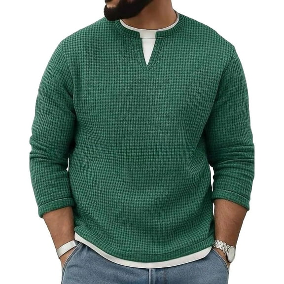 APEXFWDT Men's Big&Tall Waffle Knit Top Casual Crew Neck Loose Shirt Color Block Fake Two-Piece Top for Weekend Errands
