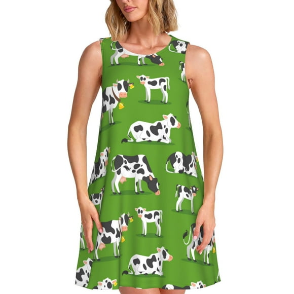 Lsque Cows With Calfs Green Pattern Summer Dresses for Women – Sleeveless T-Shirt Swing Sundress, Perfect for the Beach and Casual Days