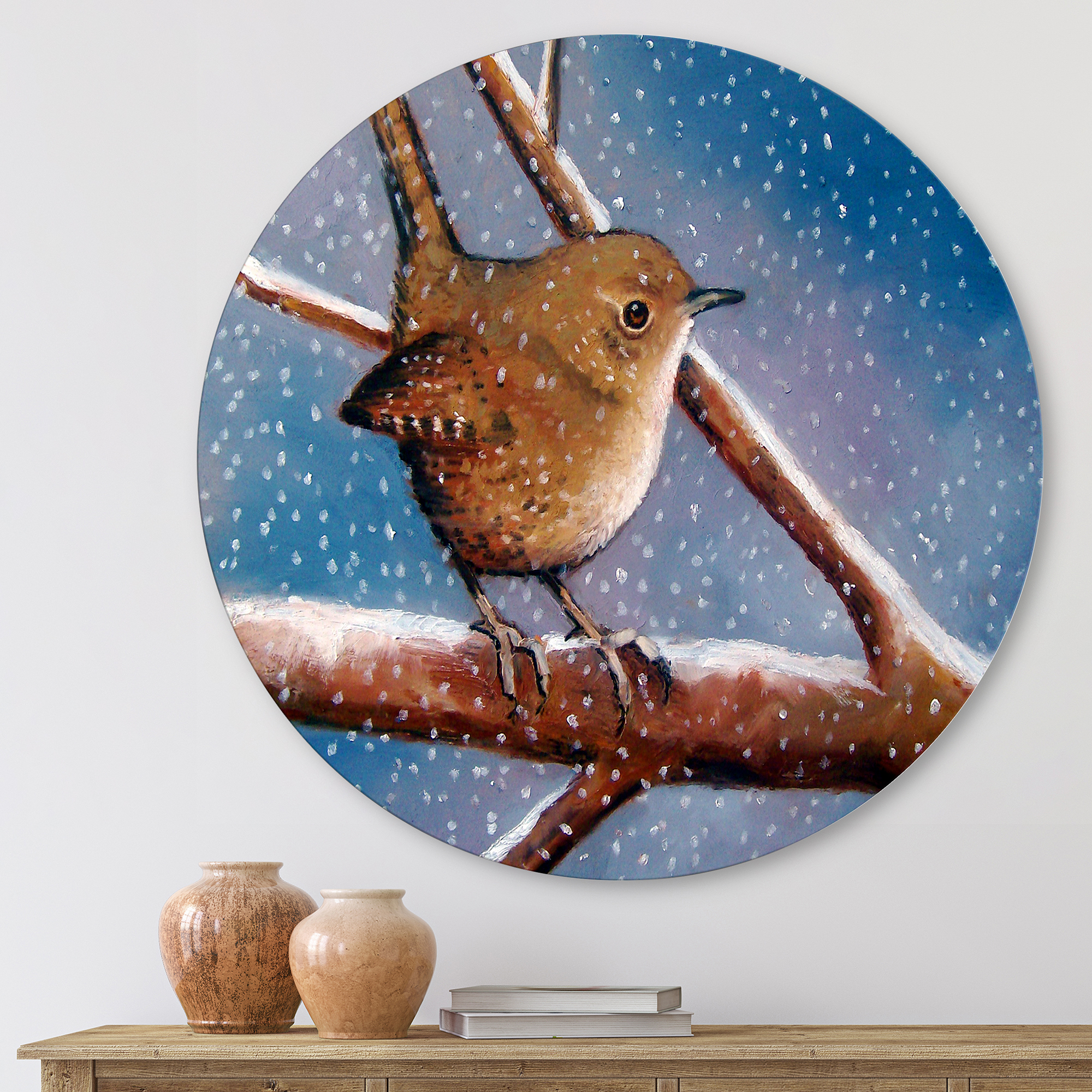 Designart 'Wren Bird On Branch In Winter' Farmhouse Circle Metal Wall Art 23x23 - Disc of 23