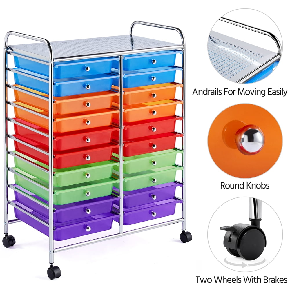 Alden Design 20-Drawer Metal Frame Storage Cart Rolling Bin with Lockable Wheels, Multicolor