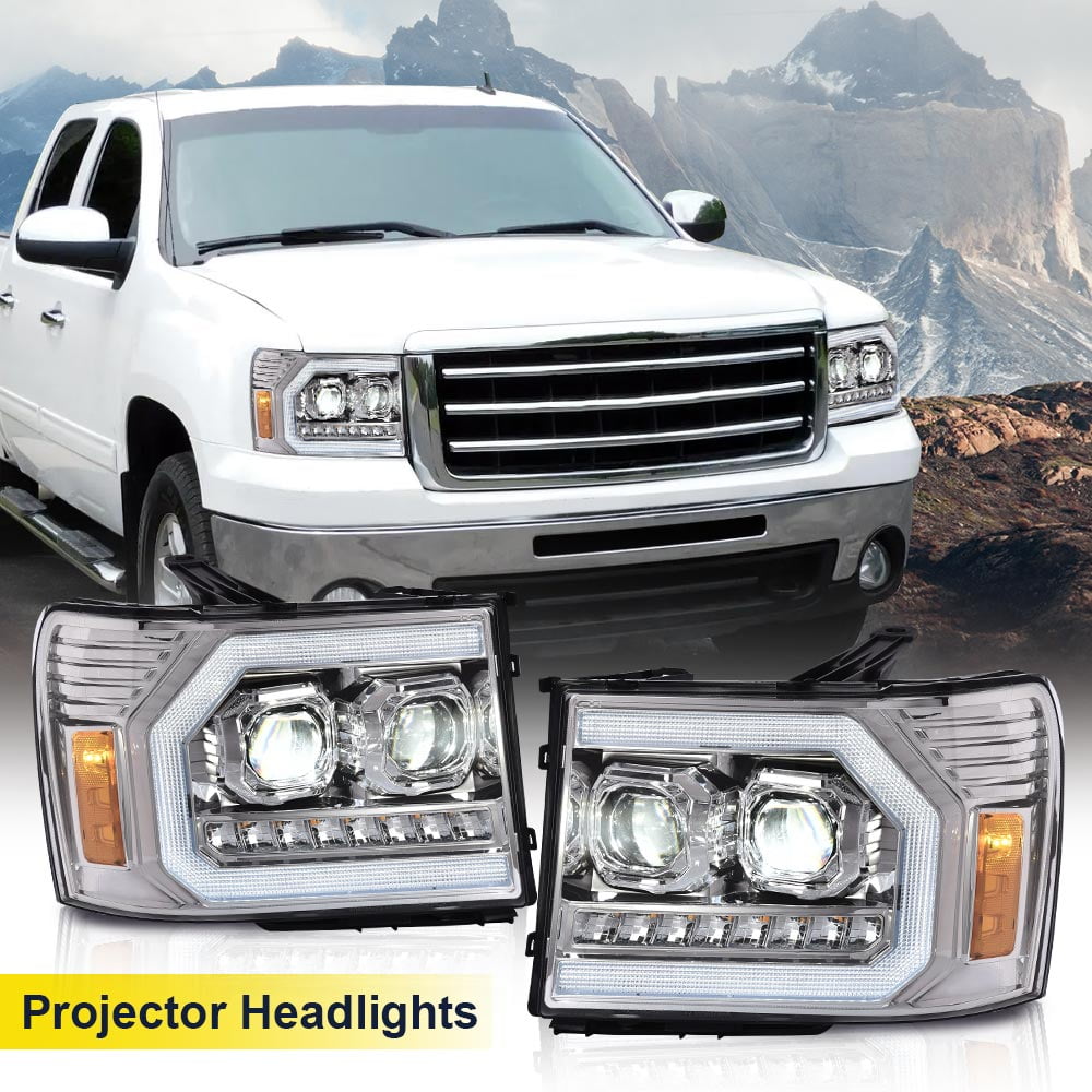 Fitmotor Chrome Headlights Assembly For 2007-2013 GMC Sierra, Pair, Clear Lens