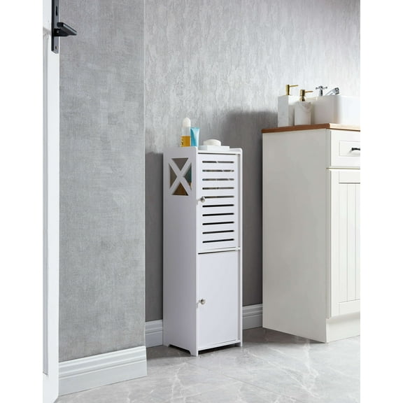 Kings Brand Furniture Basic Bathroom Storage Cabinet – White Plastic & Wood, 2 Cabinets with Shelves Behind Doors