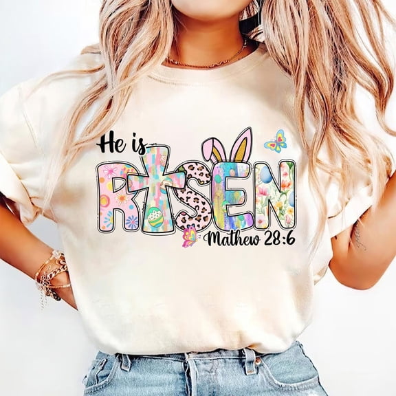 He Is Risen T-Shirt, Matthew 28:6 Shirt, Christian Easter Tee, Jesus Easter Cross Shirt, Bible Verse Easter Shirt, Glitter Retro Easter Tee