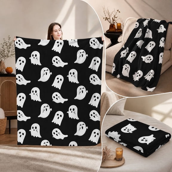 Yeciiwht Halloween Blanket, Ghost Print Flannel Throw Blanket 39.37x29.53 in, Decorative Ultra-soft & Warm Blanket for Halloween Decor, Black