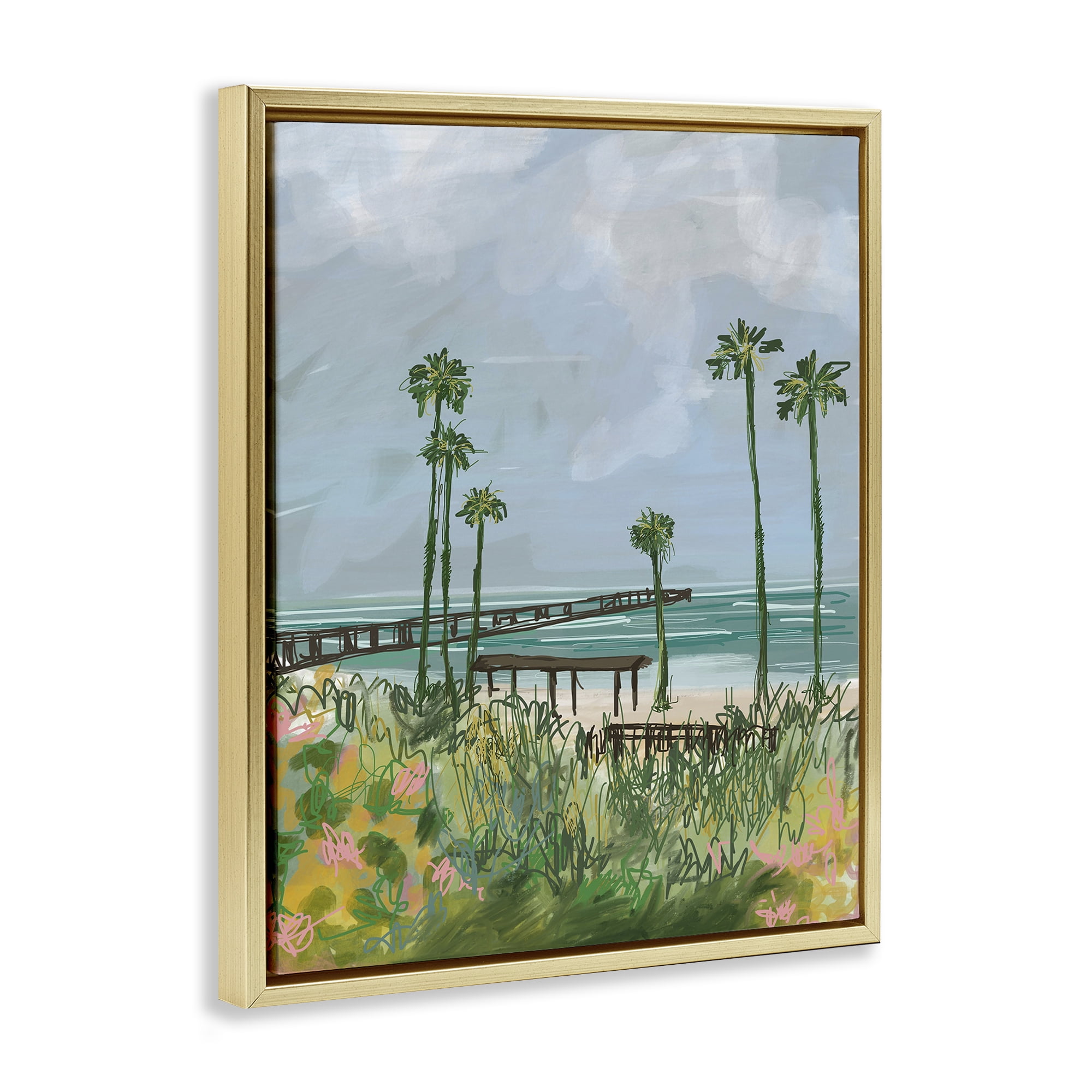 Stupell Industries Palm Trees Dock Scene Landscape Painting Gold Floater Framed Canvas Art Print Wall Art, 17 x 21