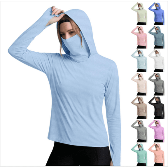 VBVC Women's UPF 50  Sun Protection Hoodie,Quick Dry Long Sleeve Shirt For Women,Ladies' Fishing Hiking Top with Face Mask and Thumb Holes,Beige,S-3XL