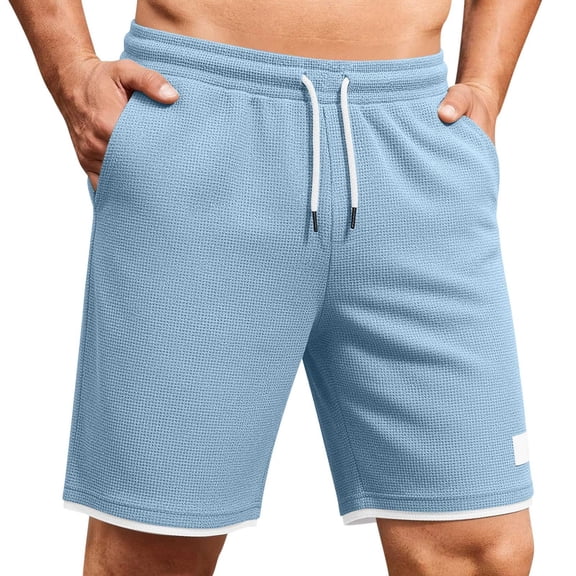 hoksml Men's Waffle Knit Drawstring Casual Shorts, Contrast Cuff Breathable Athletic Shorts for Sports Daily Wear