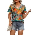thumbnail image 3 of Camiseta OFEEFAN con cuello en V para mujer, verano, floral, hoja, 4XL, 3 of 6